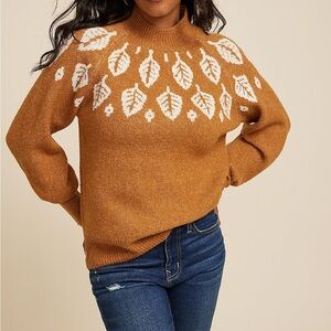 Maurice’s Fair Isle Leaf Mock Neck Sweater Balloon Sleeve Knit Brown White sz M
